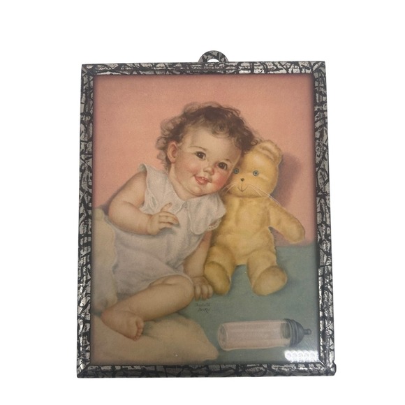 Other - Vintage  Charlotte Becker Framed Litho Print Baby with Teddy Bear 4" x 5"